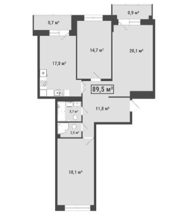 Трёхкомнатная квартира 89.5 м²