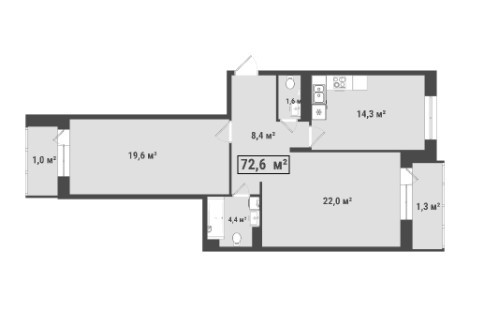 Двухкомнатная квартира 72.6 м²